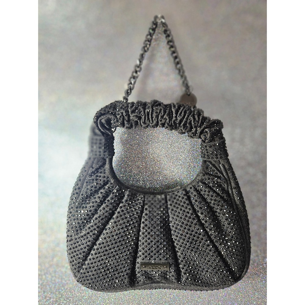 ALDO Ivalia Gray‎ Rhinestone Embellished Mini Hobo Ruched Chain Clutch Handbag